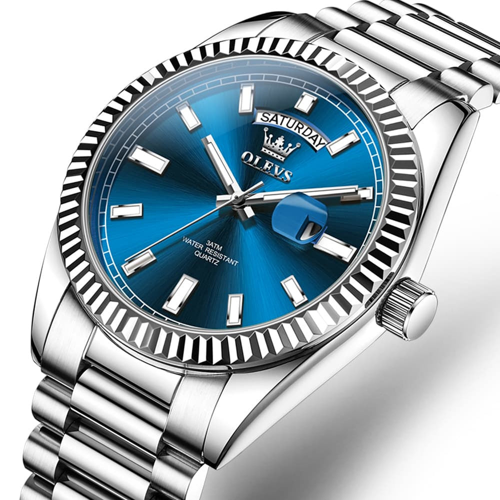 OLEVS 5650 Fluted Bezel Day Date Watch Stainless Steel Quartz Luxury Timepiece for Men - Silver Blue | Olevs Watch Store