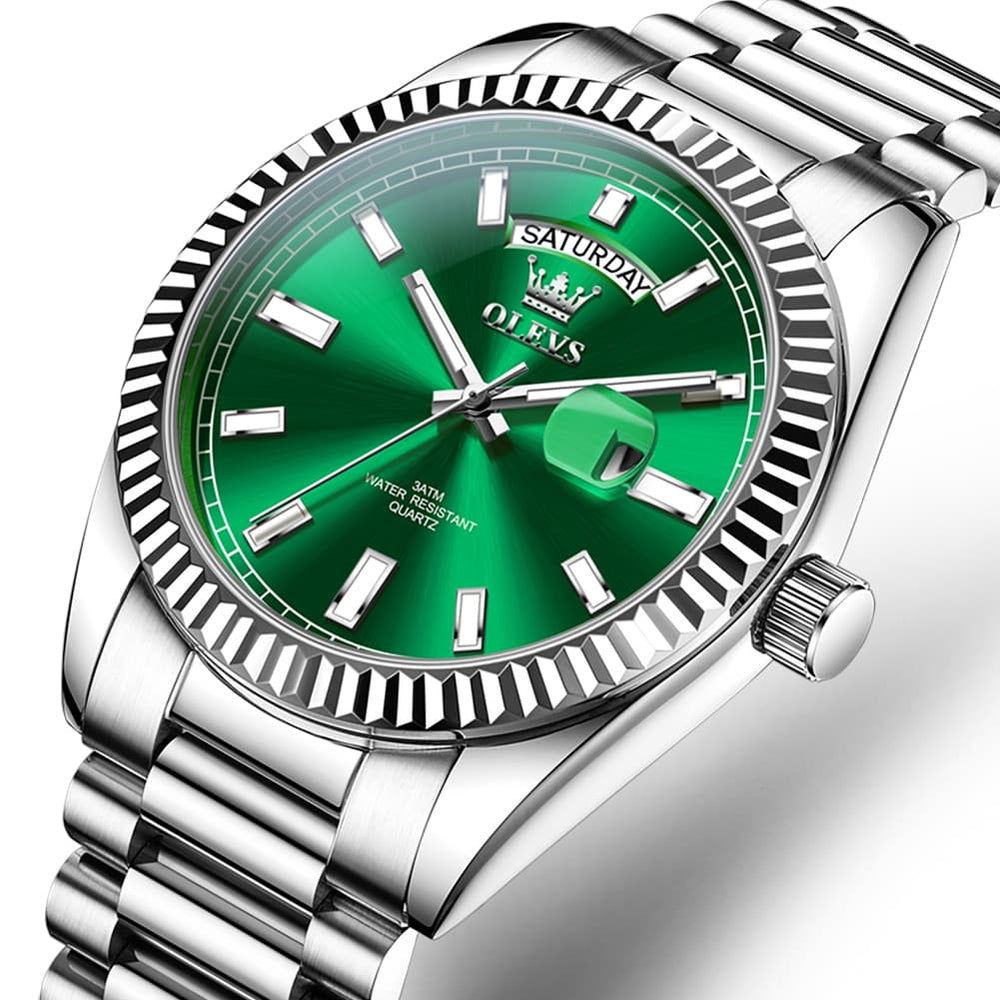OLEVS 5650 Fluted Bezel Day Date Watch Stainless Steel Quartz Luxury Timepiece for Men - Silver Green | Olevs Watch Store