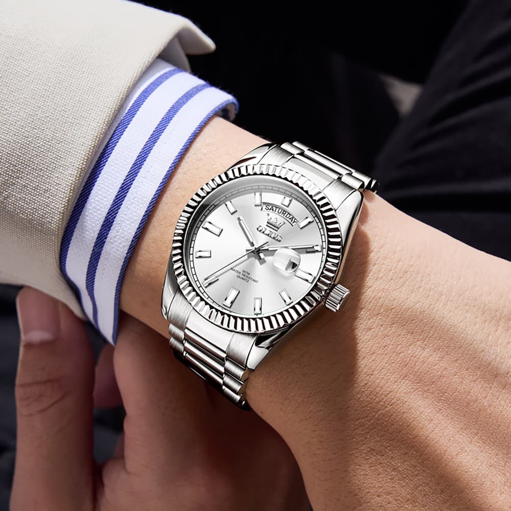 OLEVS 5650 Fluted Bezel Day Date Watch Stainless Steel Quartz Luxury Timepiece for Men - Silver Ice Blue | Olevs Watch Store