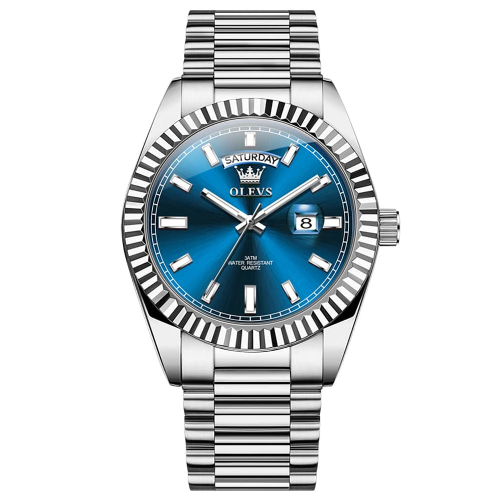 OLEVS 5650 Fluted Bezel Day Date Watch Stainless Steel Quartz Luxury Timepiece for Men - Silver Ice Blue | Olevs Watch Store