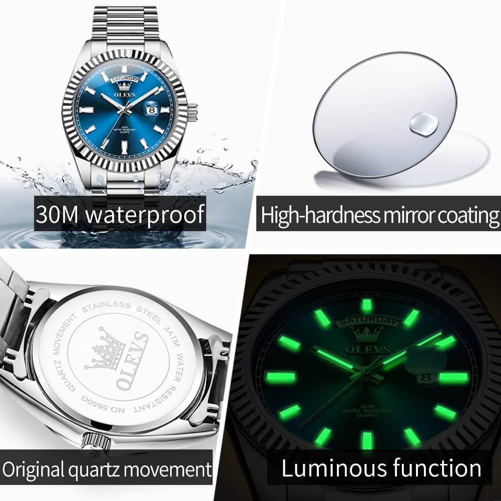 OLEVS 5650 Fluted Bezel Day Date Watch Stainless Steel Quartz Luxury Timepiece for Men - Silver Ice Blue | Olevs Watch Store