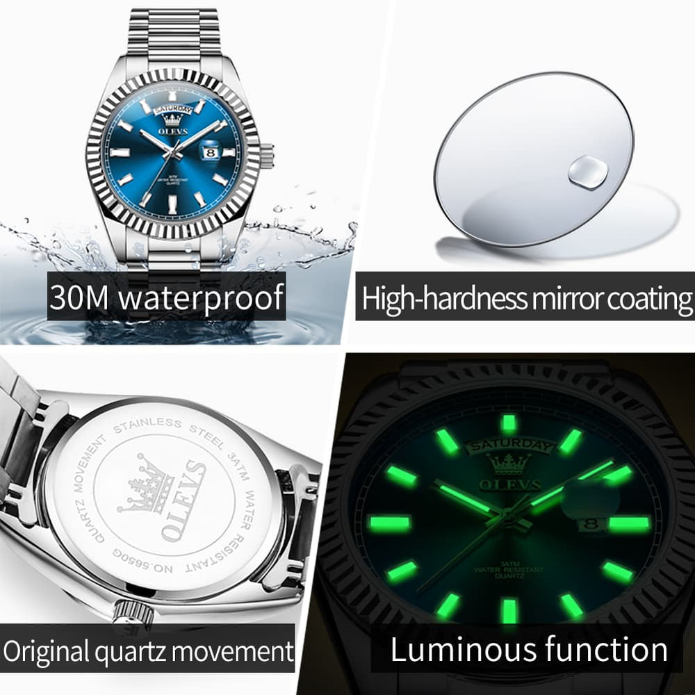 OLEVS 5650 Fluted Bezel Day Date Watch Stainless Steel Quartz Luxury Timepiece for Men - Silver Ice Blue | Olevs Watch Store