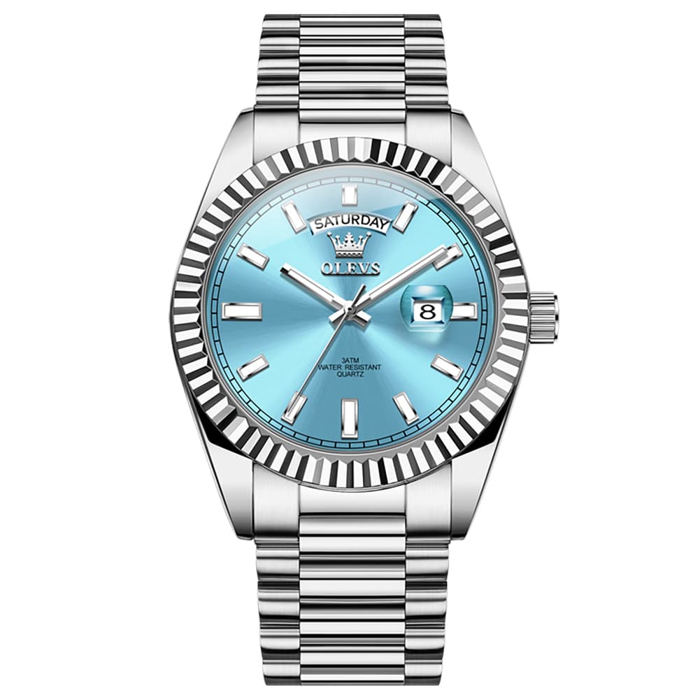 OLEVS 5650 Fluted Bezel Day Date Watch Stainless Steel Quartz Luxury Timepiece for Men - Silver Ice Blue | Olevs Watch Store