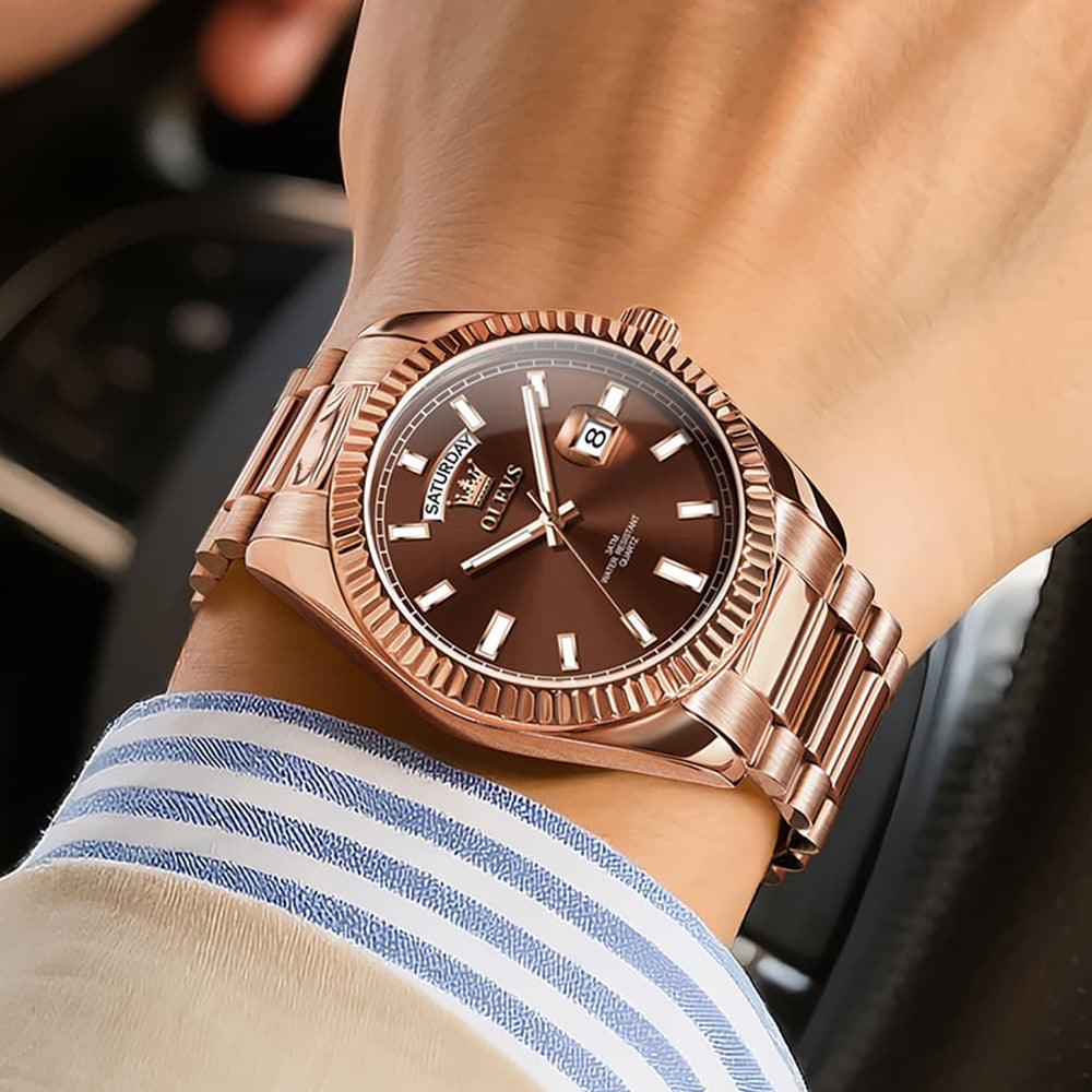 OLEVS 5650 Fluted Bezel Day Date Watch Stainless Steel Quartz Luxury Timepiece for Men - Silver Ice Blue | Olevs Watch Store