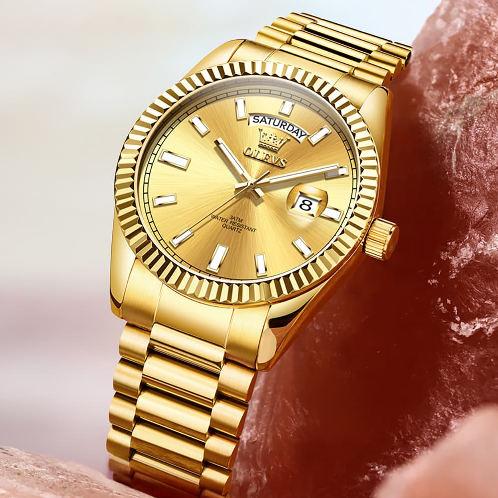 OLEVS 5650 Fluted Bezel Day Date Watch Stainless Steel Quartz Luxury Timepiece for Men - Silver Ice Blue | Olevs Watch Store