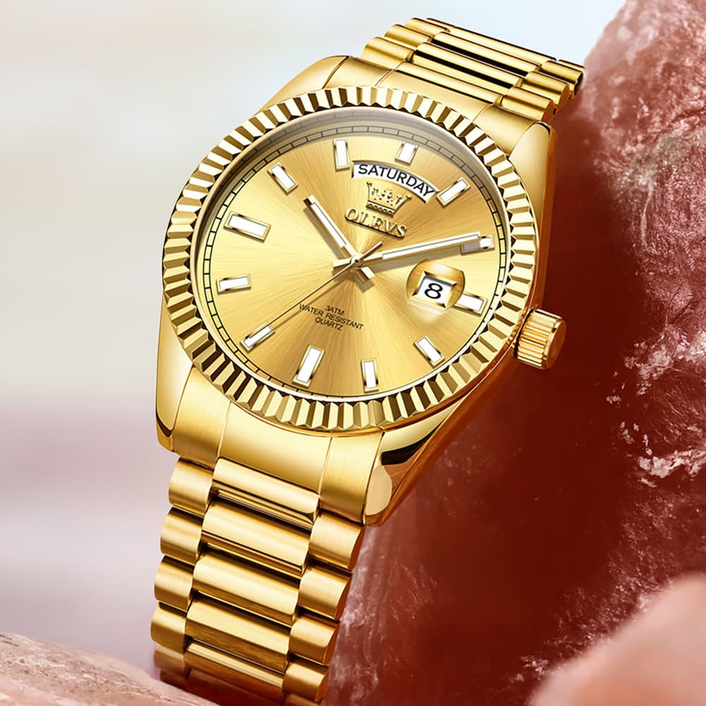 OLEVS 5650 Fluted Bezel Day Date Watch Stainless Steel Quartz Luxury Timepiece for Men - Silver Ice Blue | Olevs Watch Store