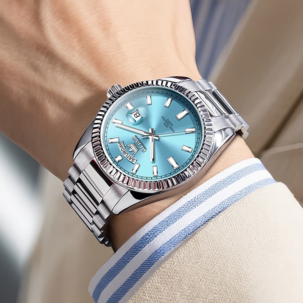 OLEVS 5650 Fluted Bezel Day Date Watch Stainless Steel Quartz Luxury Timepiece for Men - Silver Ice Blue | Olevs Watch Store