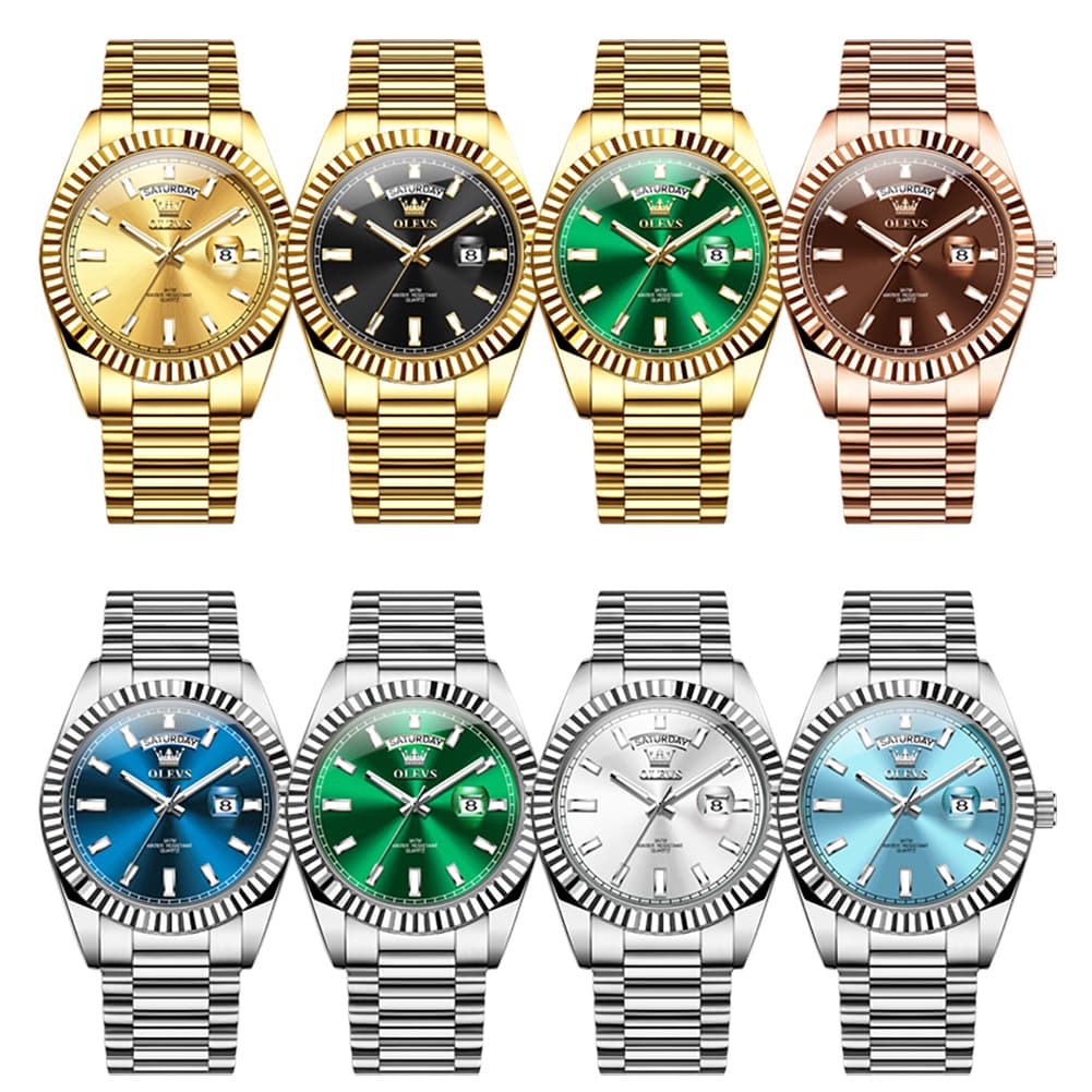 OLEVS 5650 Fluted Bezel Day Date Watch Stainless Steel Quartz Luxury Timepiece for Men - Silver Ice Blue | Olevs Watch Store