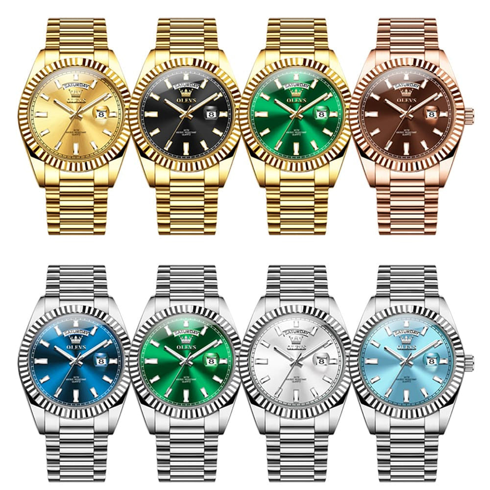 OLEVS 5650 Fluted Bezel Day Date Watch Stainless Steel Quartz Luxury Timepiece for Men - Silver Ice Blue | Olevs Watch Store