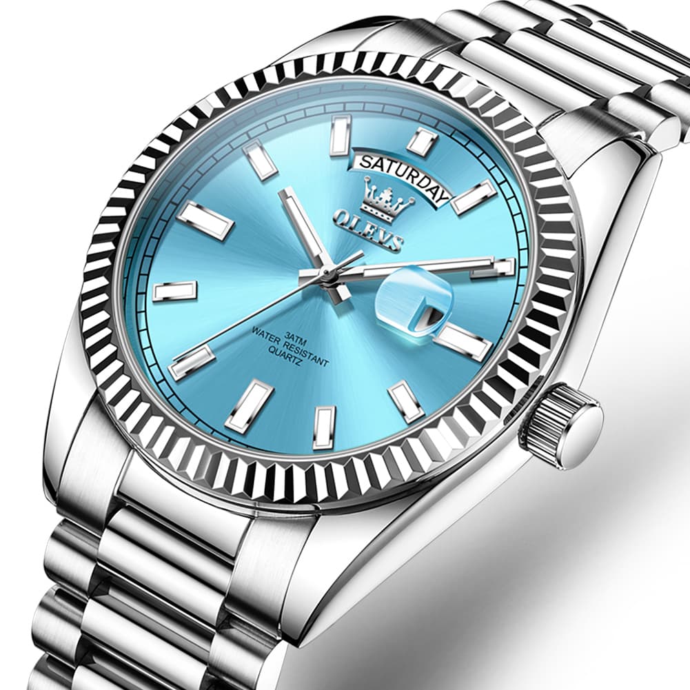 OLEVS 5650 Fluted Bezel Day Date Watch Stainless Steel Quartz Luxury Timepiece for Men - Silver Ice Blue | Olevs Watch Store