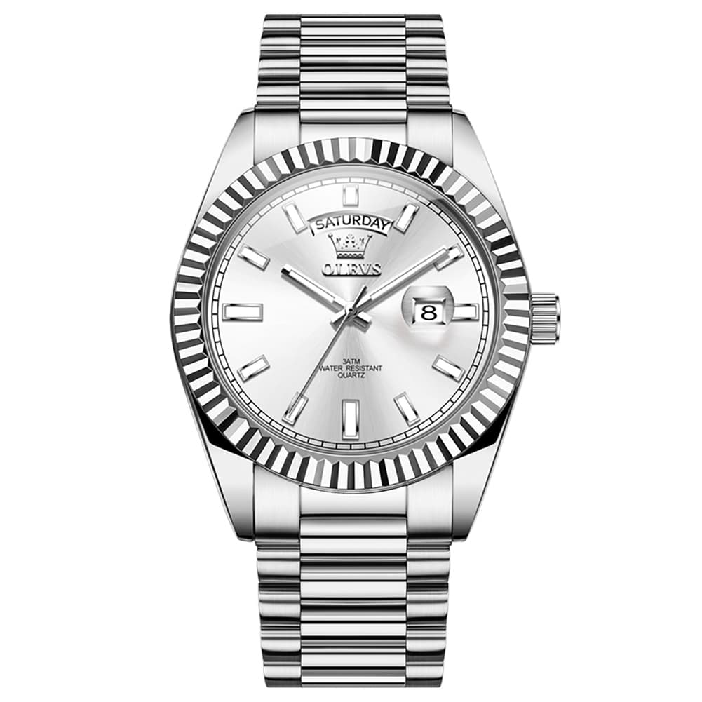OLEVS 5650 Fluted Bezel Day Date Watch Stainless Steel Quartz Luxury Timepiece for Men - Silver Ice Blue | Olevs Watch Store