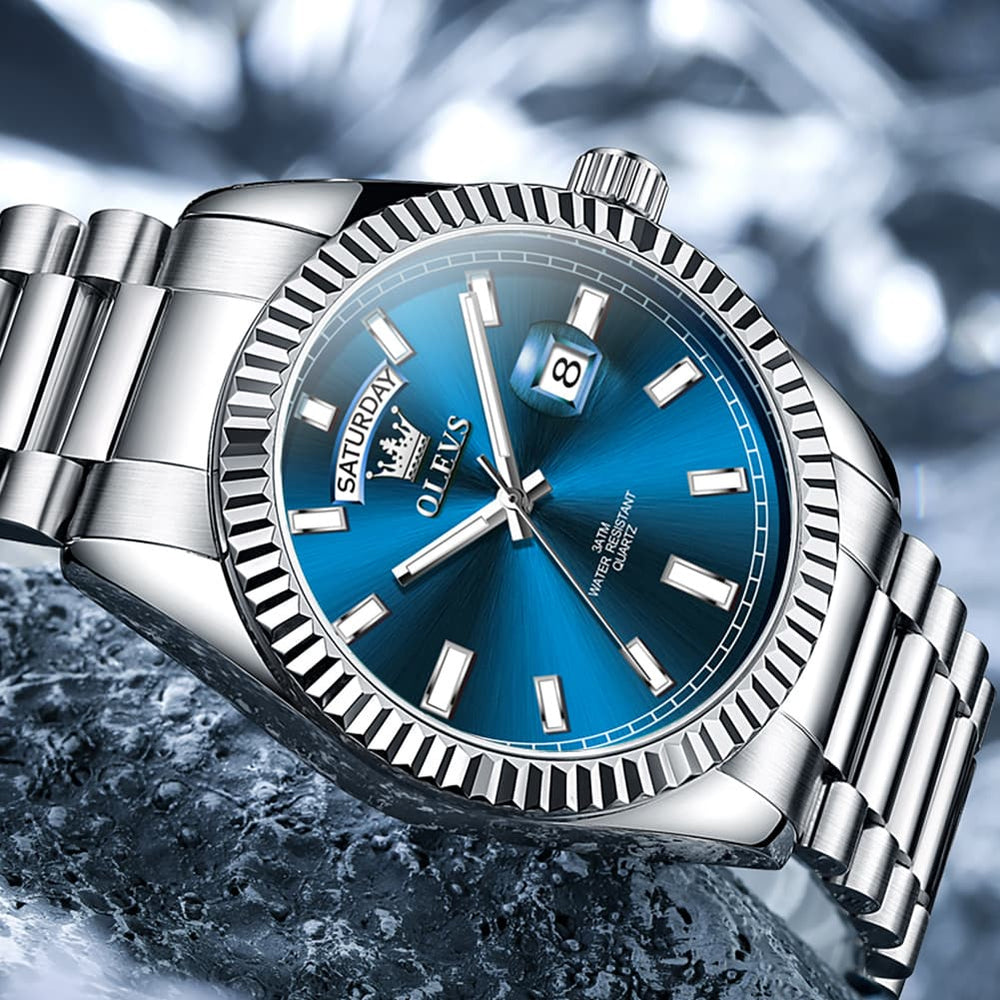 OLEVS 5650 Fluted Bezel Day Date Watch Stainless Steel Quartz Luxury Timepiece for Men - Silver Ice Blue | Olevs Watch Store
