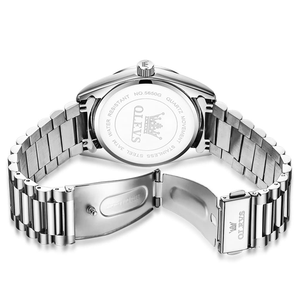OLEVS 5650 Fluted Bezel Day Date Watch Stainless Steel Quartz Luxury Timepiece for Men - Silver Ice Blue | Olevs Watch Store