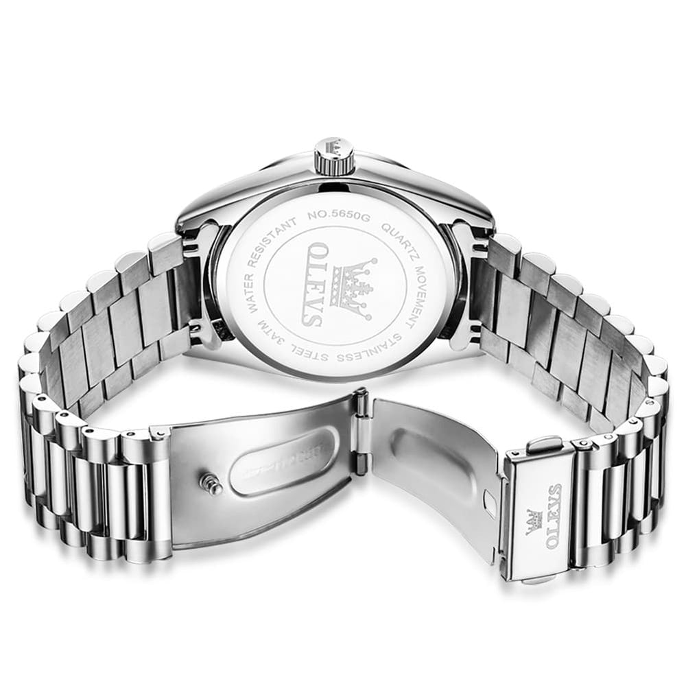 OLEVS 5650 Fluted Bezel Day Date Watch Stainless Steel Quartz Luxury Timepiece for Men - Silver Ice Blue | Olevs Watch Store