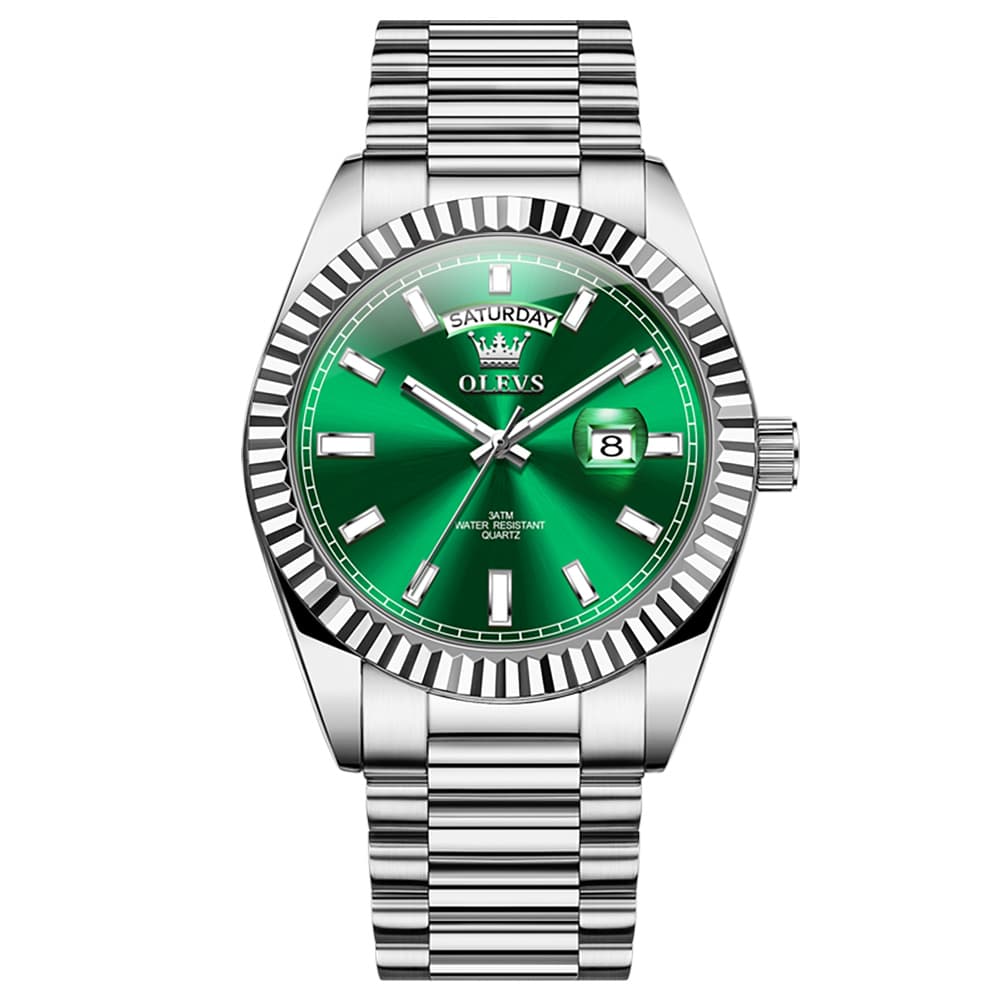 OLEVS 5650 Fluted Bezel Day Date Watch Stainless Steel Quartz Luxury Timepiece for Men - Silver Ice Blue | Olevs Watch Store