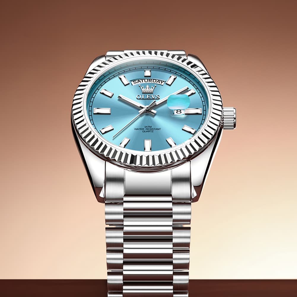 OLEVS 5650 Fluted Bezel Day Date Watch Stainless Steel Quartz Luxury Timepiece for Men - Silver Ice Blue | Olevs Watch Store