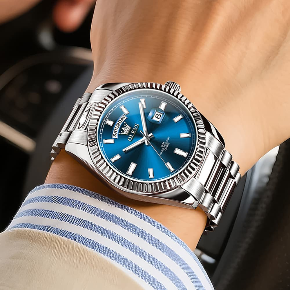 OLEVS 5650 Fluted Bezel Day Date Watch Stainless Steel Quartz Luxury Timepiece for Men - Silver Ice Blue | Olevs Watch Store