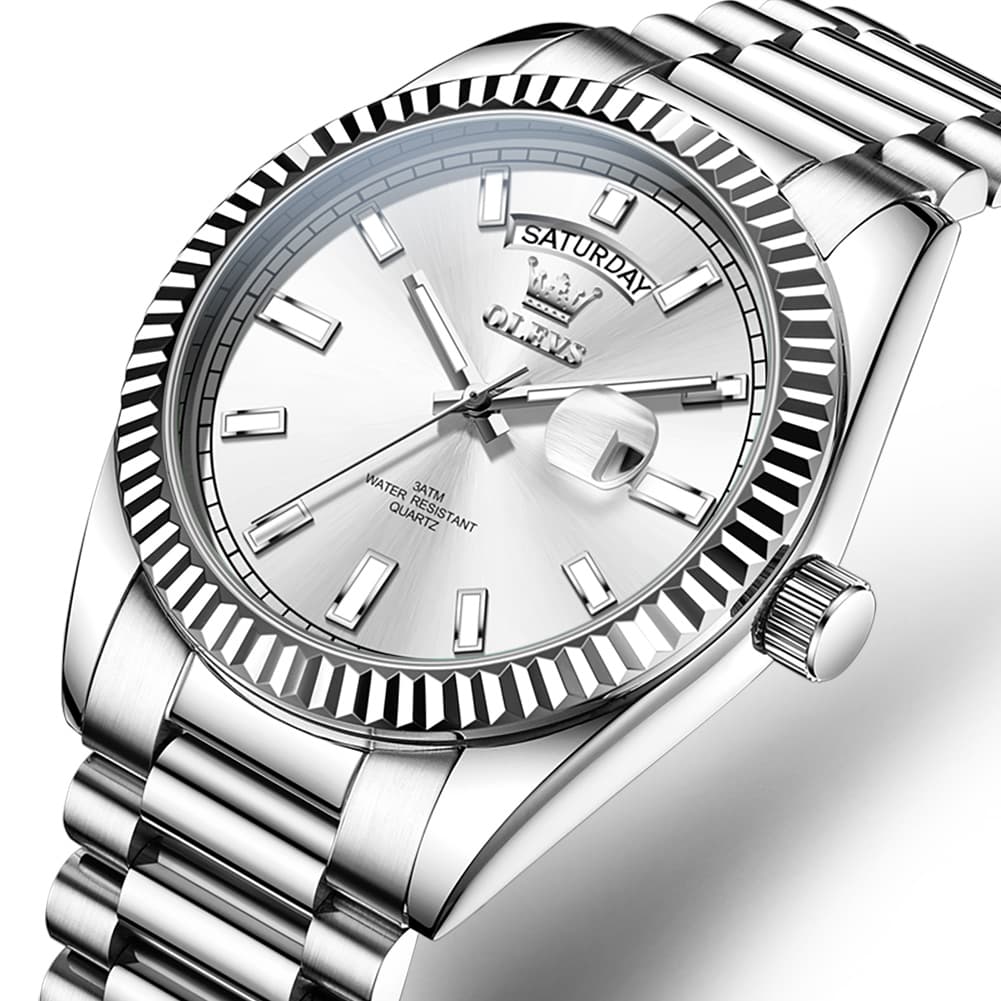 OLEVS 5650 Fluted Bezel Day Date Watch Stainless Steel Quartz Luxury Timepiece for Men - Silver White | Olevs Watch Store