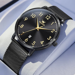 OLEVS 5653 Ultra Thin Couple Watch Milanese Mesh and Leather Strap Date Timepiece for Men and Women - Olevs Watch Store