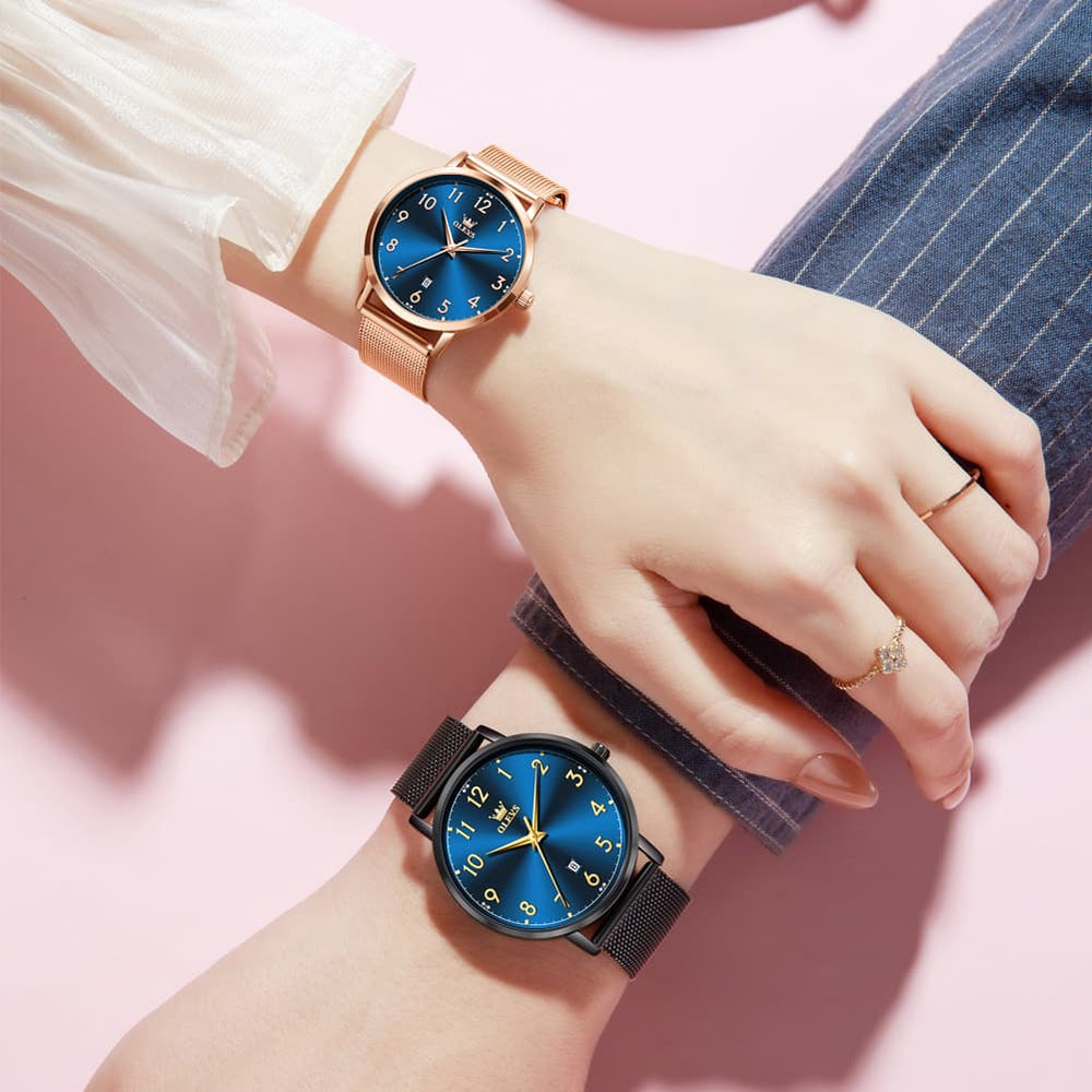 OLEVS 5653 Ultra Thin Couple Watch Milanese Mesh and Leather Strap Date Timepiece for Men and Women - Olevs Watch Store