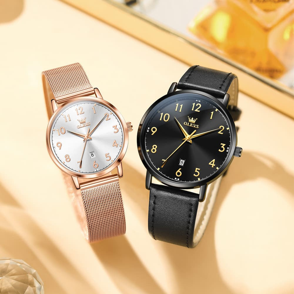 OLEVS 5653 Ultra Thin Couple Watch Milanese Mesh and Leather Strap Date Timepiece for Men and Women - Olevs Watch Store