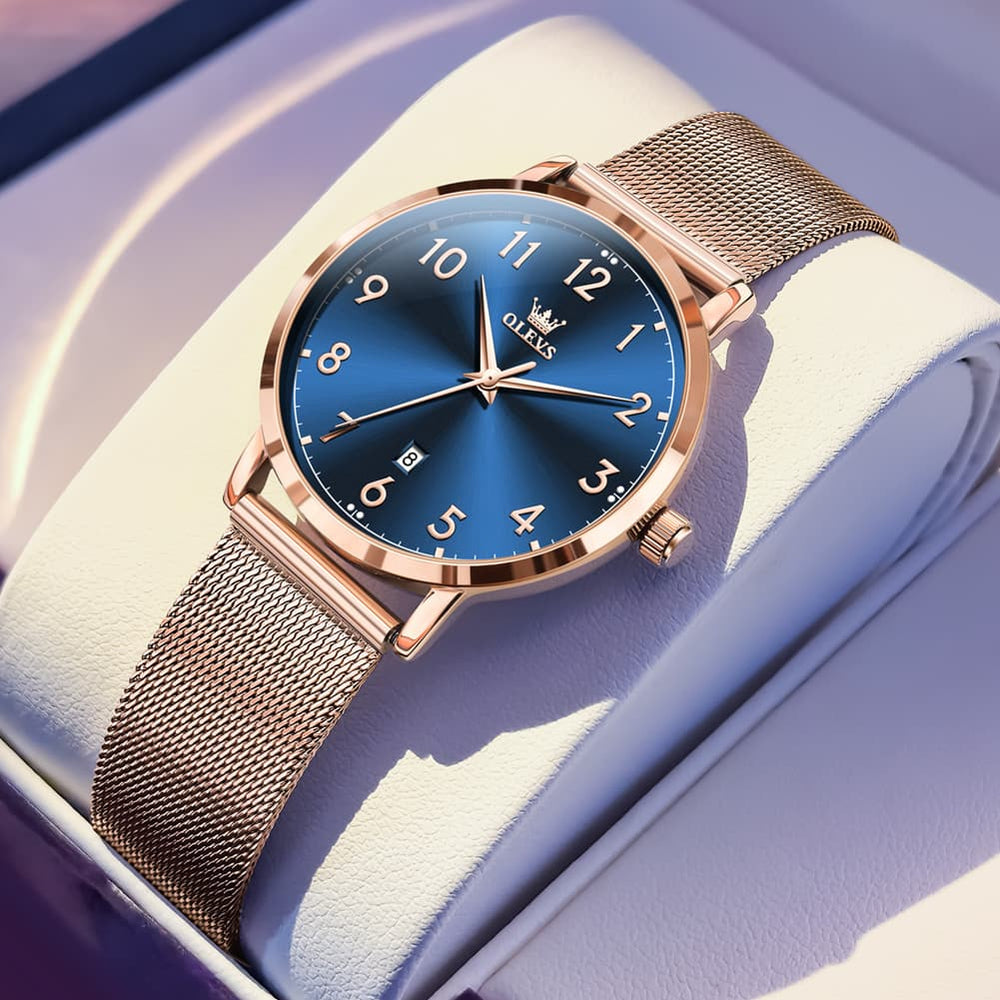 OLEVS 5653 Ultra Thin Couple Watch Milanese Mesh and Leather Strap Date Timepiece for Men and Women - Olevs Watch Store