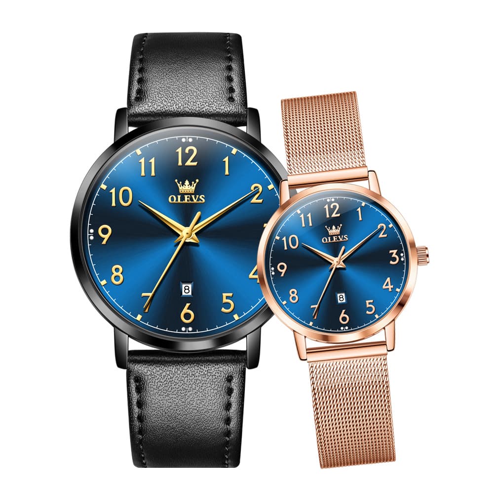 OLEVS 5653 Ultra Thin Couple Watch Milanese Mesh and Leather Strap Date Timepiece for Men and Women - Olevs Watch Store