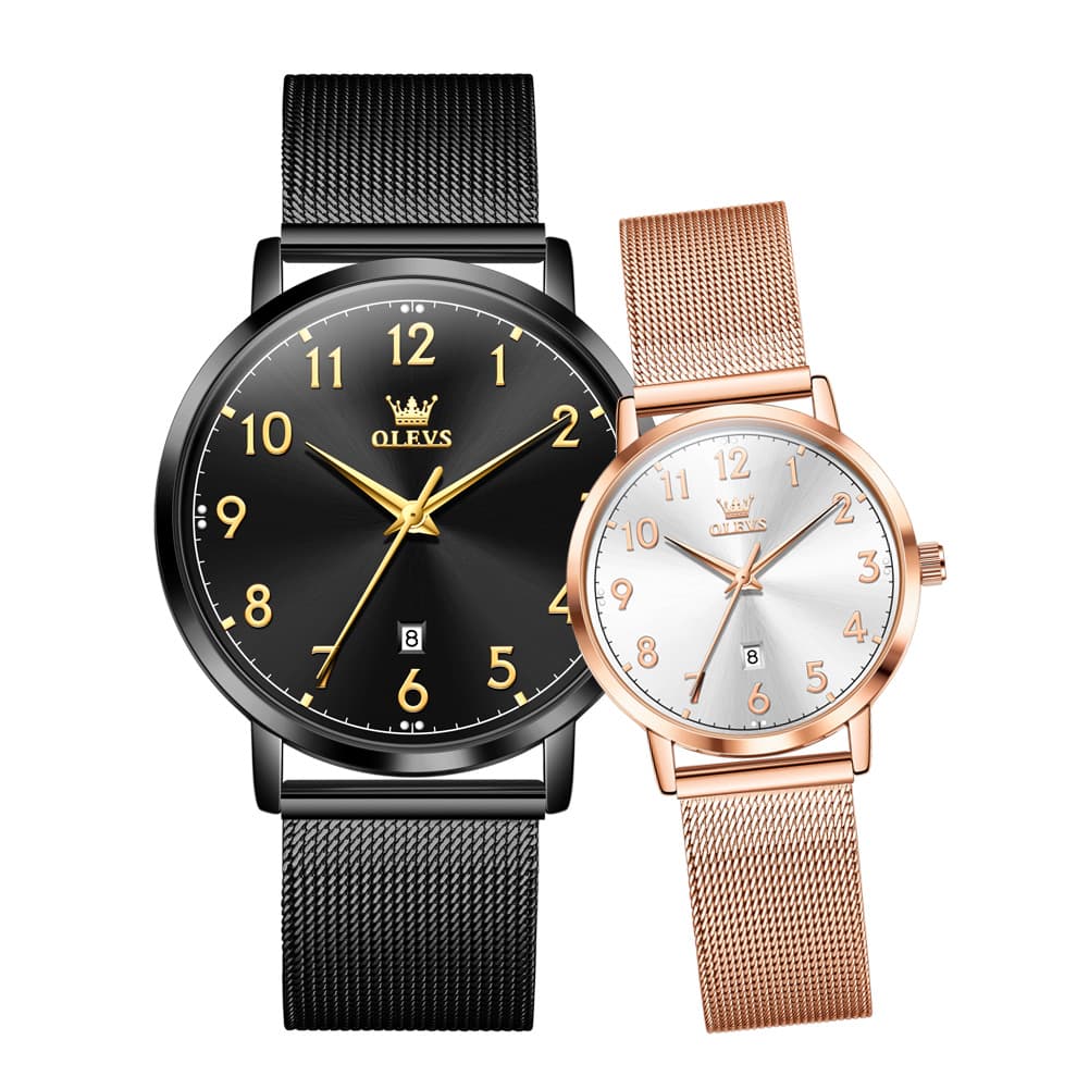 OLEVS 5653 Ultra Thin Couple Watch Milanese Mesh and Leather Strap Date Timepiece for Men and Women - Olevs Watch Store