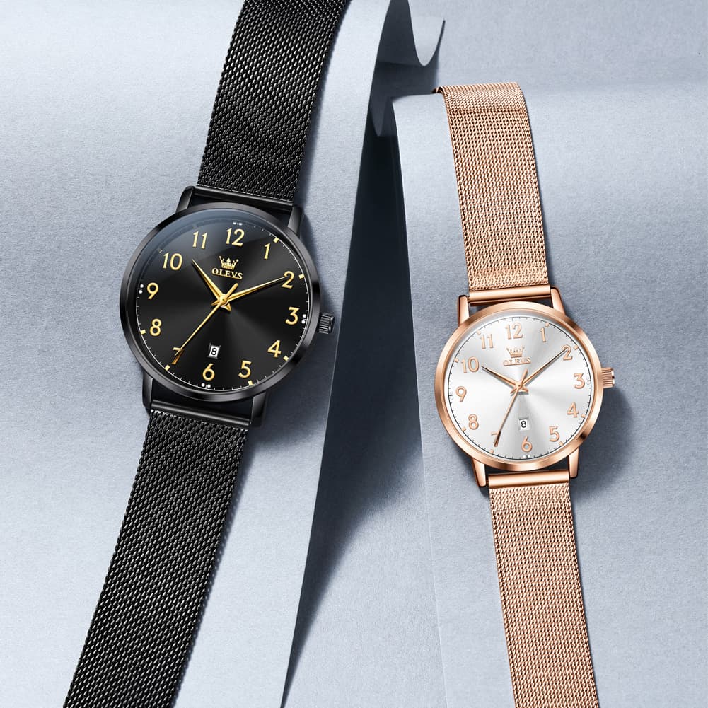 OLEVS 5653 Ultra Thin Couple Watch Milanese Mesh and Leather Strap Date Timepiece for Men and Women - Olevs Watch Store