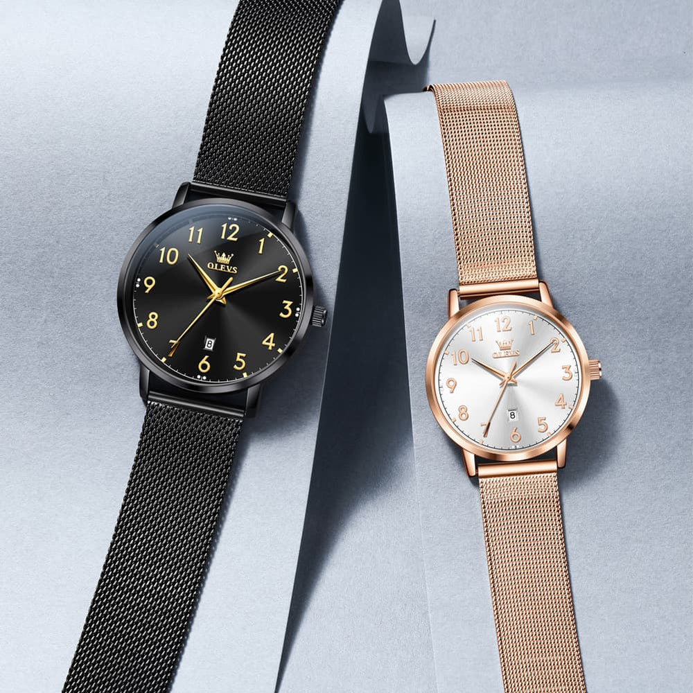 OLEVS 5653 Ultra Thin Couple Watch Milanese Mesh and Leather Strap Date Timepiece for Men and Women - Olevs Watch Store