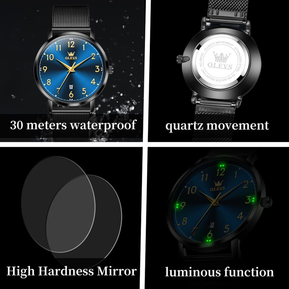 OLEVS 5653 Ultra Thin Couple Watch Milanese Mesh and Leather Strap Date Timepiece for Men and Women - Olevs Watch Store