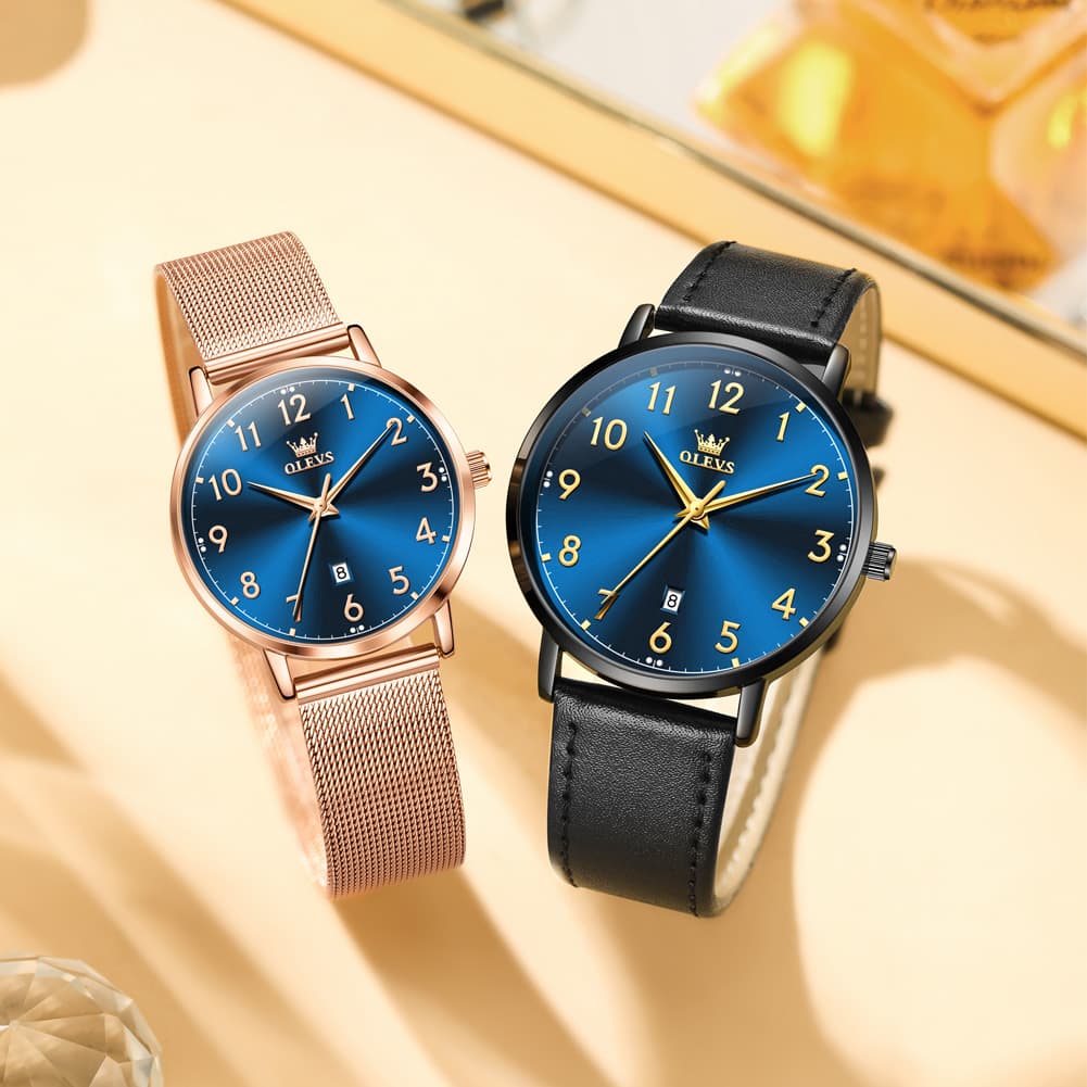 OLEVS 5653 Ultra Thin Couple Watch Milanese Mesh and Leather Strap Date Timepiece for Men and Women - Olevs Watch Store