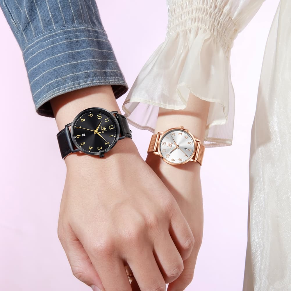 OLEVS 5653 Ultra Thin Couple Watch Milanese Mesh and Leather Strap Date Timepiece for Men and Women - Olevs Watch Store