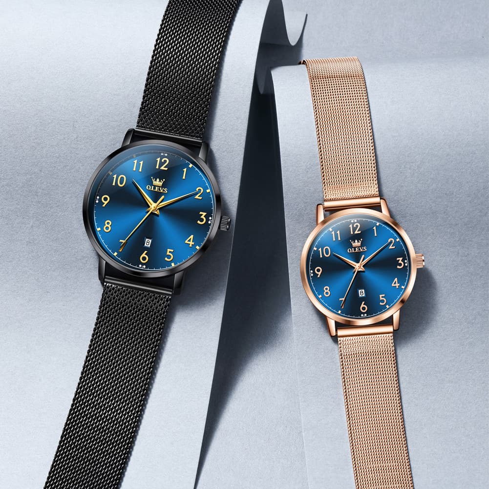 OLEVS 5653 Ultra Thin Couple Watch Milanese Mesh and Leather Strap Date Timepiece for Men and Women - Olevs Watch Store
