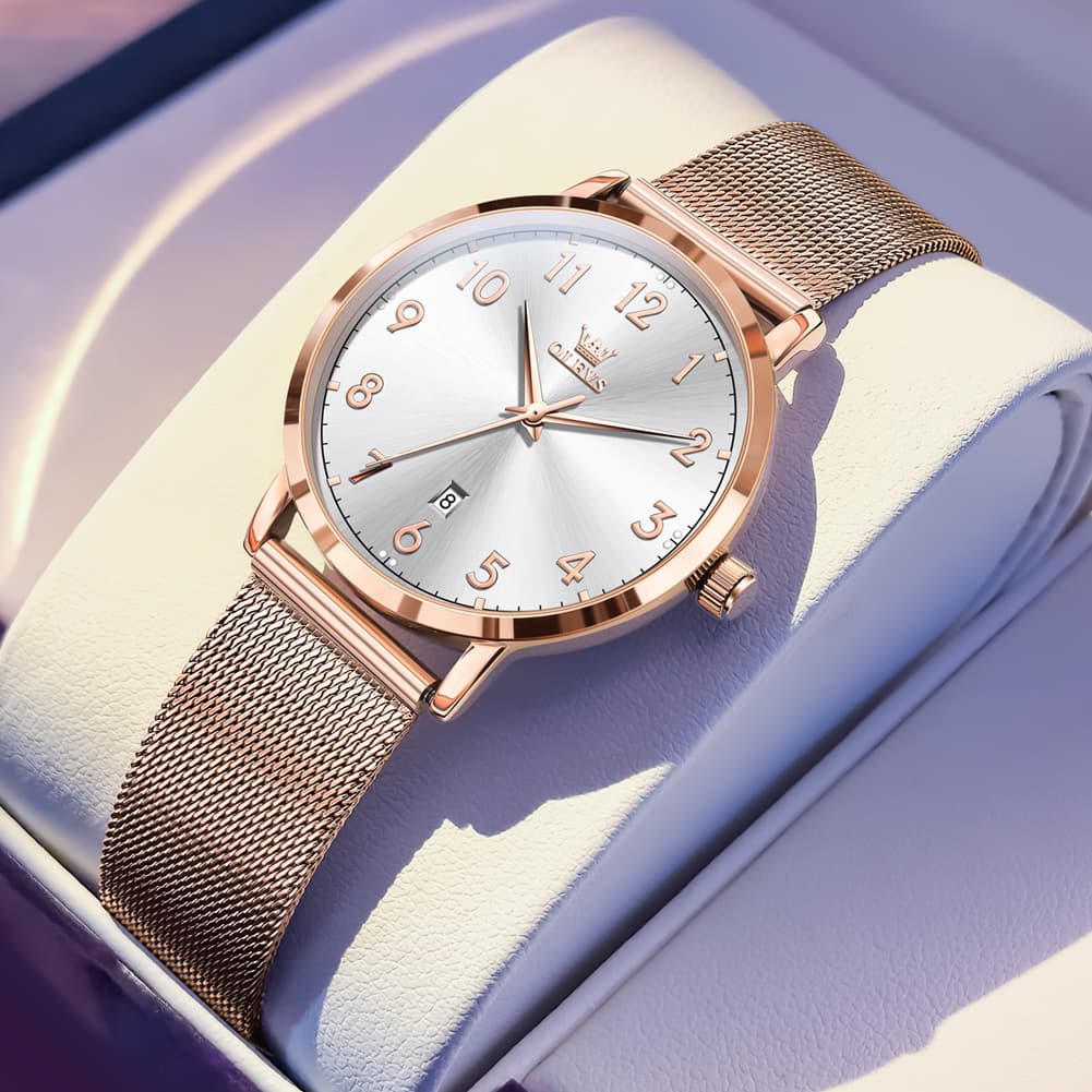 OLEVS 5653 Ultra Thin Couple Watch Milanese Mesh and Leather Strap Date Timepiece for Men and Women - Olevs Watch Store