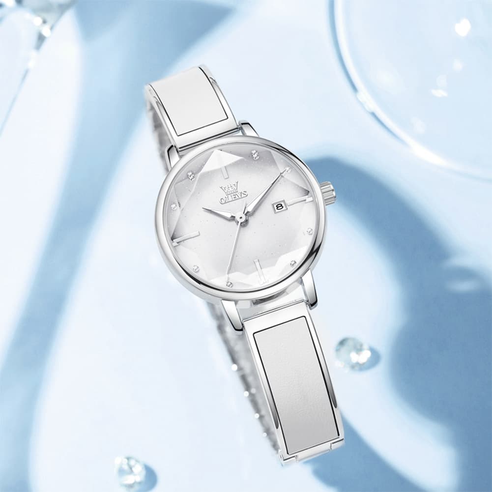 OLEVS 5656 Diamond Cut Faceted Crystal Quartz Watch Leather or Steel Bracelet Elegant Dress Timepiece for Women - Olevs Store