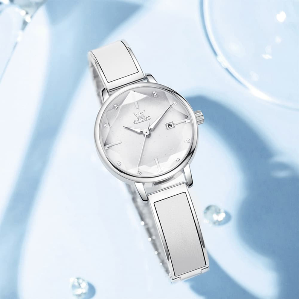 OLEVS 5656 Diamond Cut Faceted Crystal Quartz Watch Leather or Steel Bracelet Elegant Dress Timepiece for Women - Olevs Store