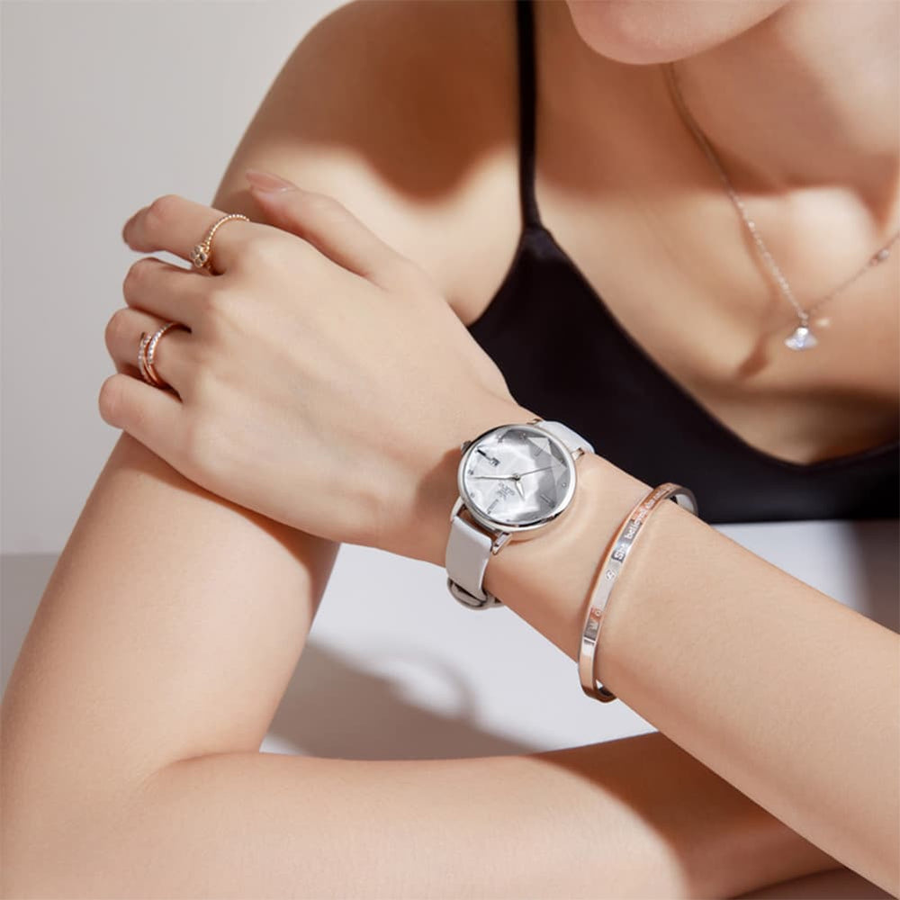 OLEVS 5656 Diamond Cut Faceted Crystal Quartz Watch Leather or Steel Bracelet Elegant Dress Timepiece for Women - Olevs Store