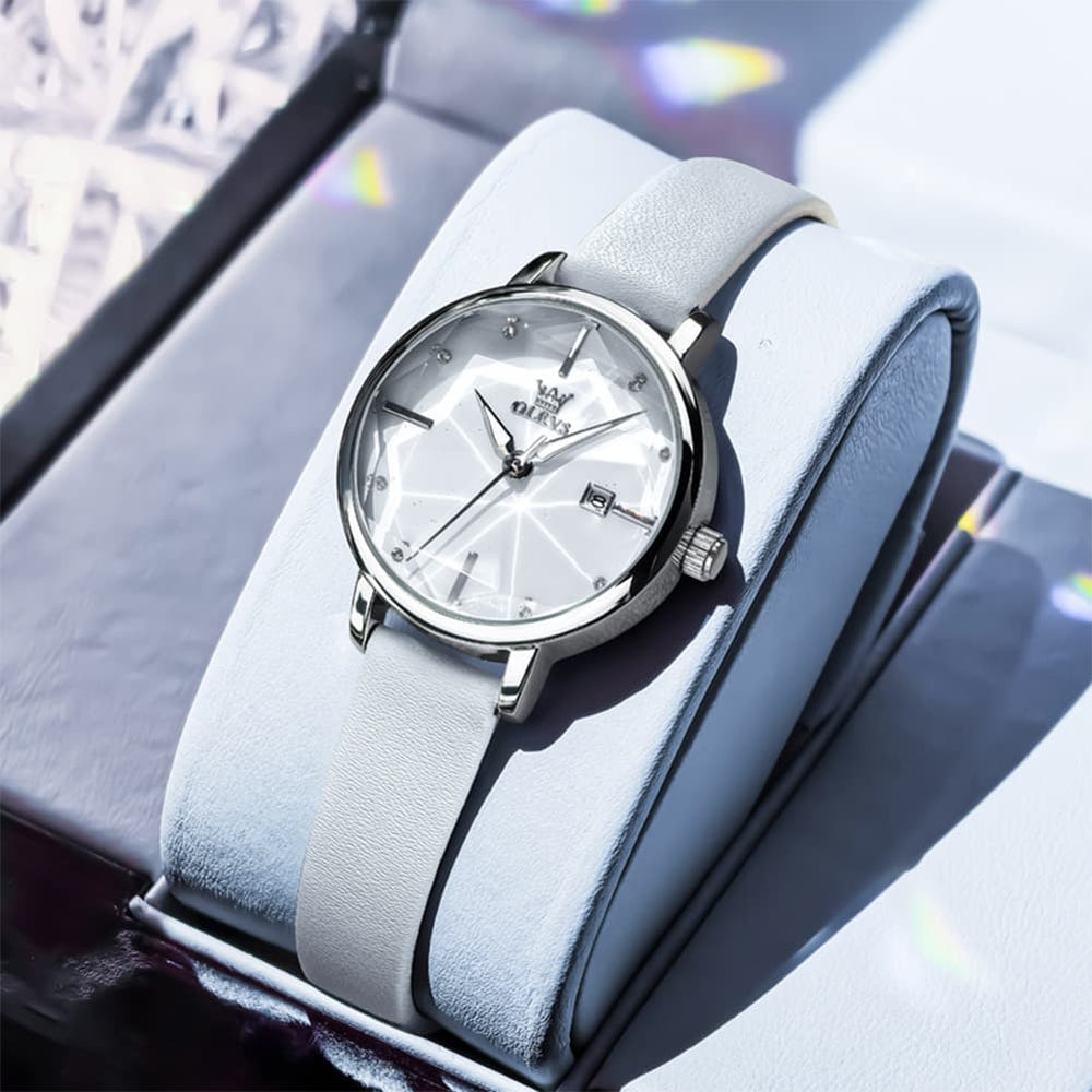 OLEVS 5656 Diamond Cut Faceted Crystal Quartz Watch Leather or Steel Bracelet Elegant Dress Timepiece for Women - Olevs Store