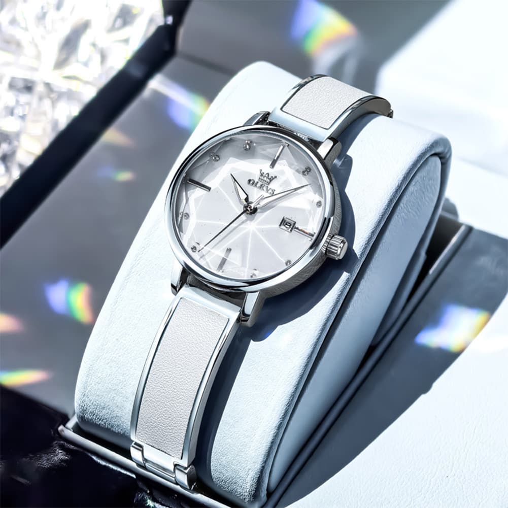 OLEVS 5656 Diamond Cut Faceted Crystal Quartz Watch Leather or Steel Bracelet Elegant Dress Timepiece for Women - Olevs Store