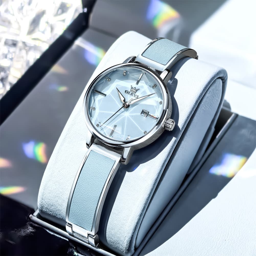 OLEVS 5656 Diamond Cut Faceted Crystal Quartz Watch Leather or Steel Bracelet Elegant Dress Timepiece for Women - Olevs Store
