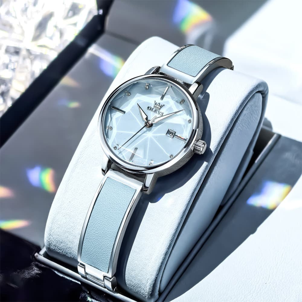 OLEVS 5656 Diamond Cut Faceted Crystal Quartz Watch Leather or Steel Bracelet Elegant Dress Timepiece for Women - Olevs Store