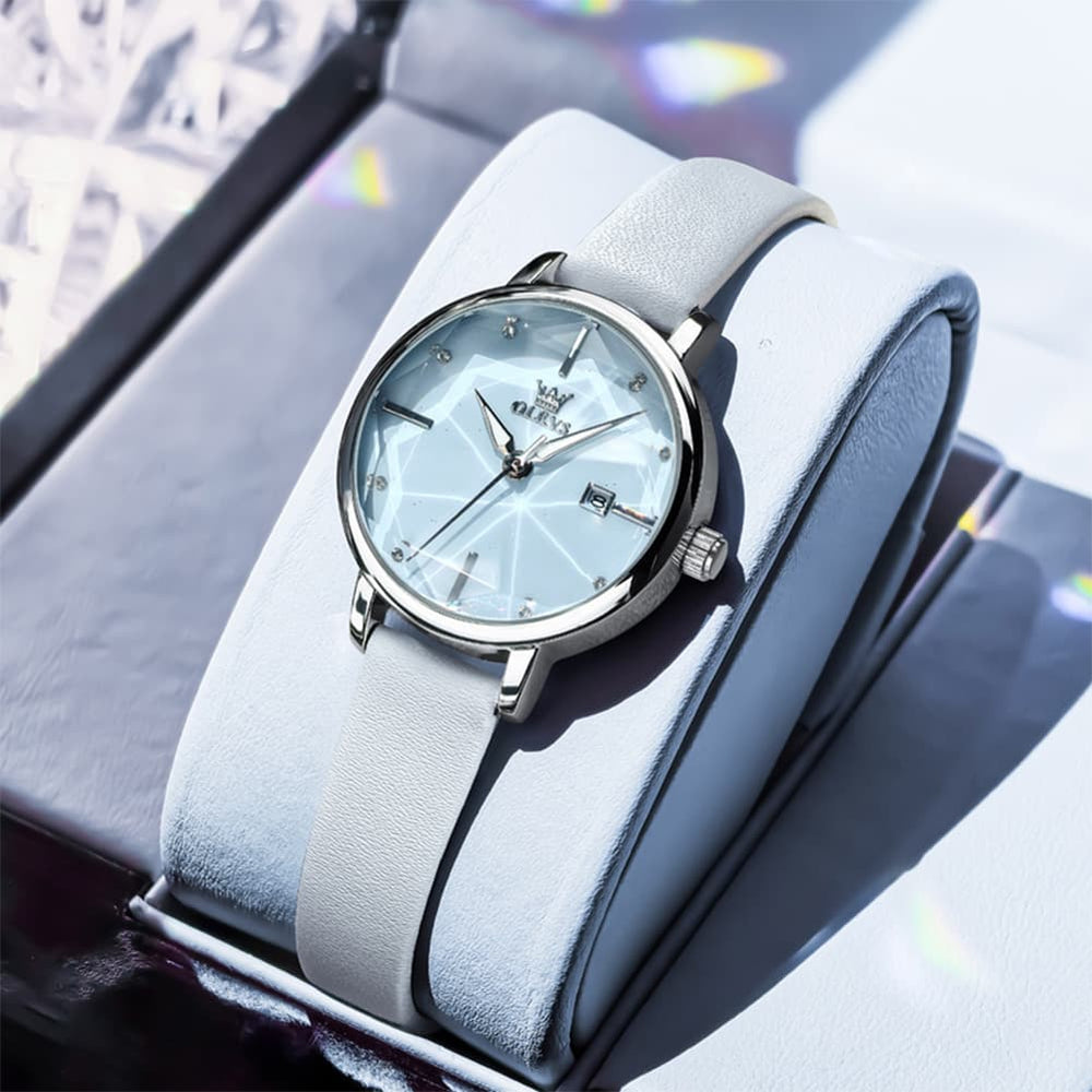 OLEVS 5656 Diamond Cut Faceted Crystal Quartz Watch Leather or Steel Bracelet Elegant Dress Timepiece for Women - Olevs Store