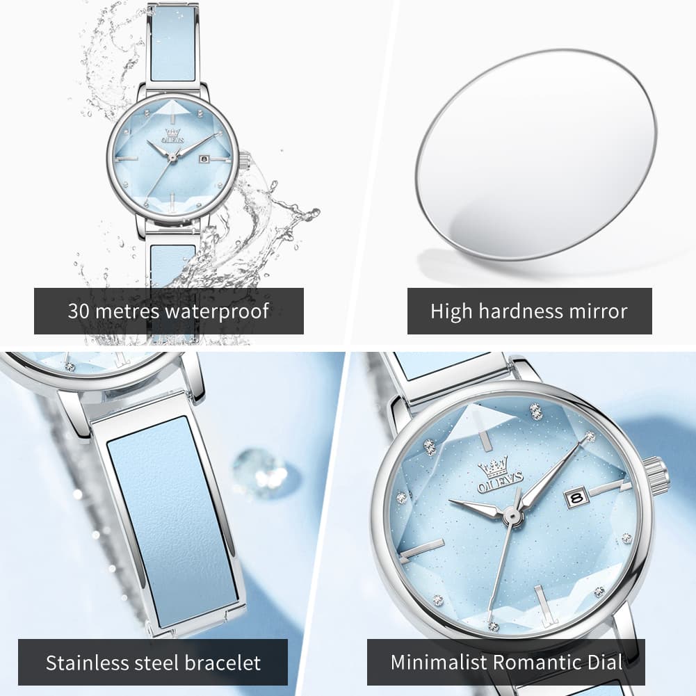 OLEVS 5656 Diamond Cut Faceted Crystal Quartz Watch Leather or Steel Bracelet Elegant Dress Timepiece for Women - Olevs Store