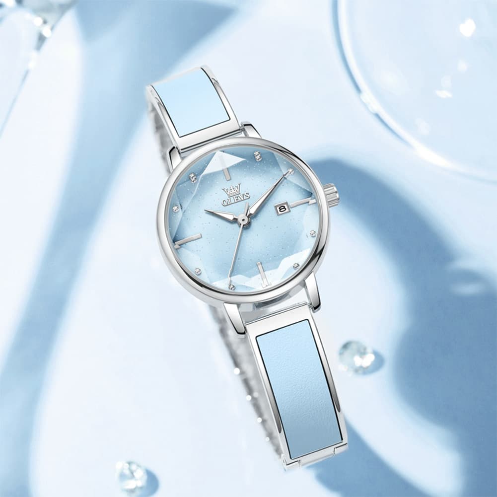 OLEVS 5656 Diamond Cut Faceted Crystal Quartz Watch Leather or Steel Bracelet Elegant Dress Timepiece for Women - Olevs Store