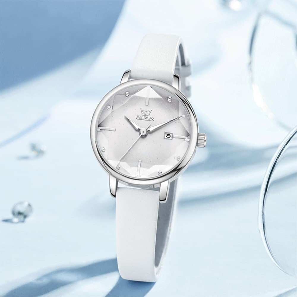 OLEVS 5656 Diamond Cut Faceted Crystal Quartz Watch Leather or Steel Bracelet Elegant Dress Timepiece for Women - Olevs Store