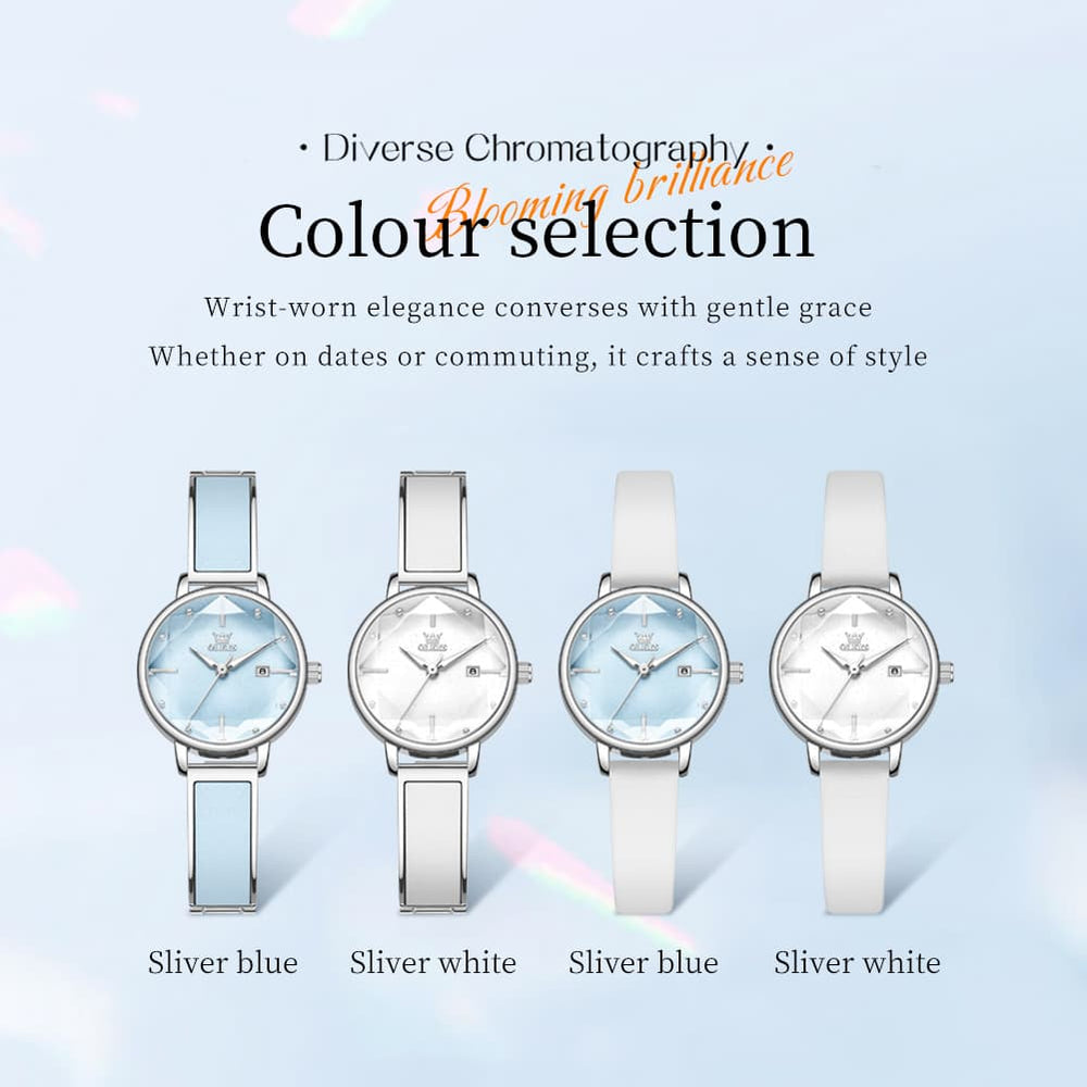 OLEVS 5656 Diamond Cut Faceted Crystal Quartz Watch Leather or Steel Bracelet Elegant Dress Timepiece for Women - Olevs Store