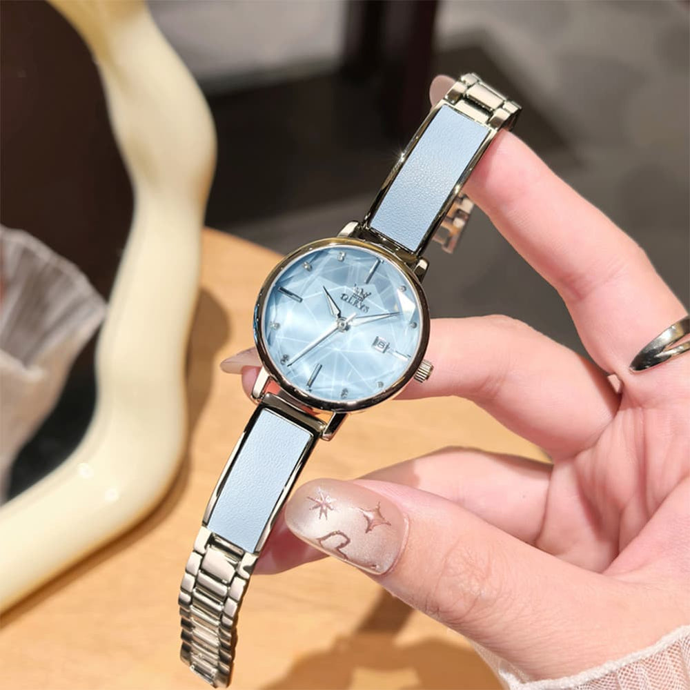 OLEVS 5656 Diamond Cut Faceted Crystal Quartz Watch Leather or Steel Bracelet Elegant Dress Timepiece for Women - Olevs Store