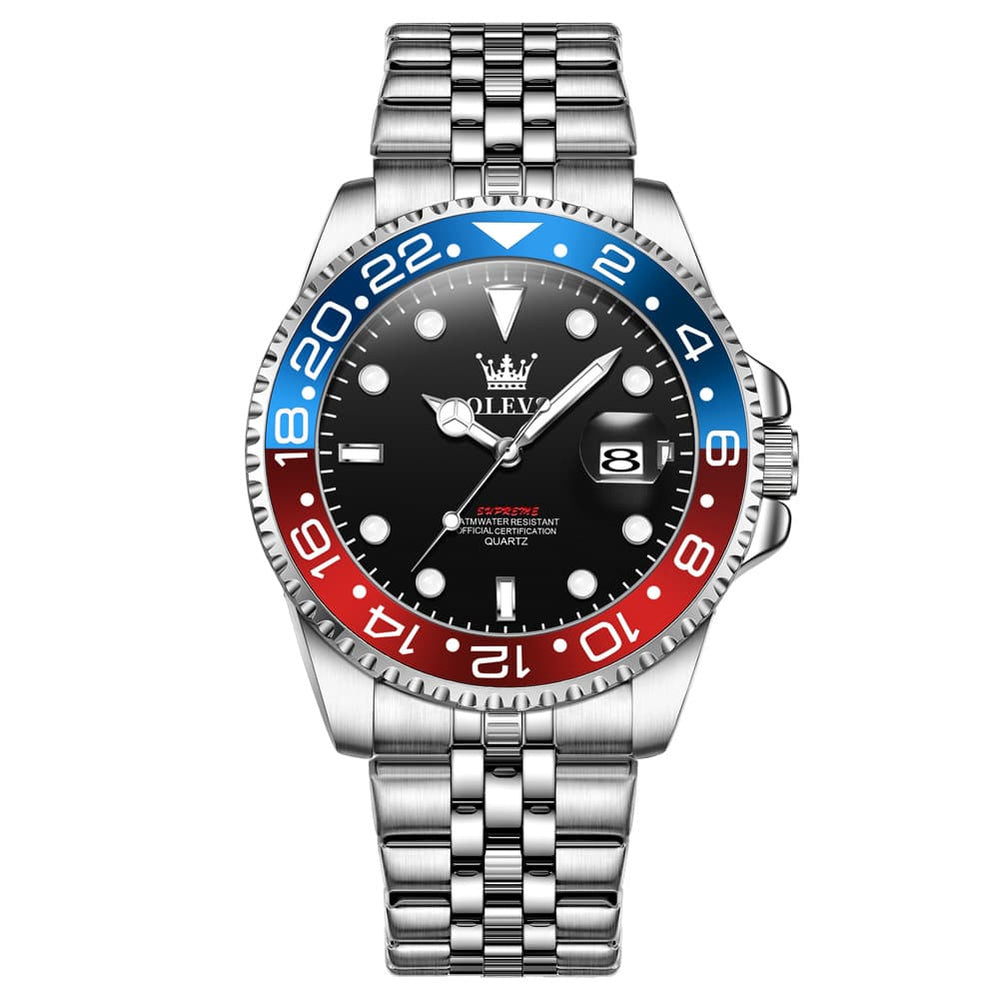OLEVS 5657 Rotating Bezel Sports Watch Stainless Steel Jubilee Bracelet Quartz Timepiece for Men - All Black | Olevs Store