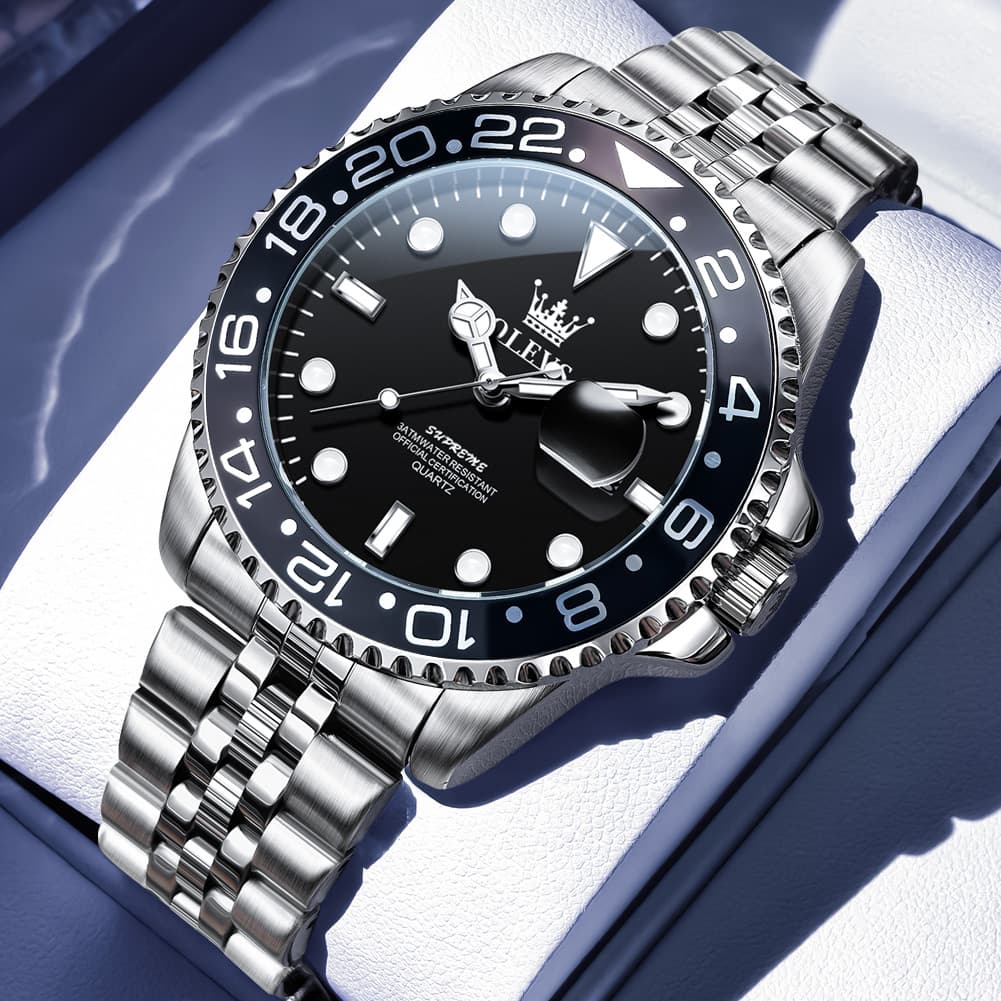 OLEVS 5657 Rotating Bezel Sports Watch Stainless Steel Jubilee Bracelet Quartz Timepiece for Men - All Black | Olevs Store
